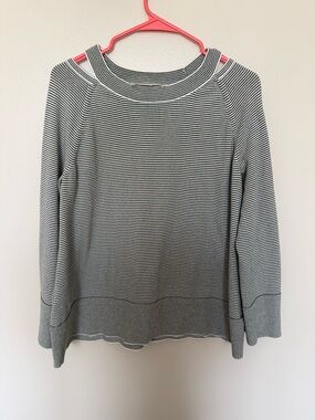 Striped Cold-Shoulder Knit Sweater Olive & White
